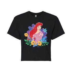 Women's - Disney Princess - Ariel And Flowers Cropped Graphic T-Shirt - 1 of 4