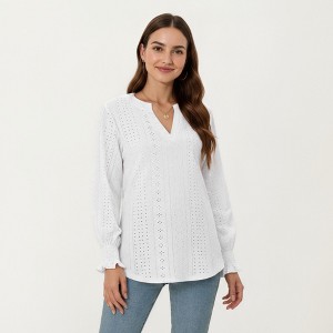 Anna-Kaci Women's Long Sleeve Eyelet Embroidered Top with V-Neckline and Ruffle Cuffs - 1 of 4