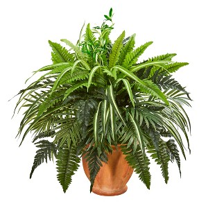 Nearly Natural 23-in Mixed Greens and Fern Artificial Plant in Terra Cotta Planter - 1 of 2