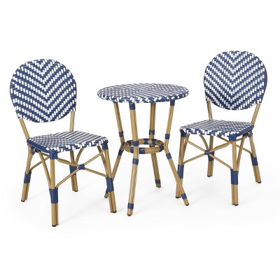 Picardy 3pc Outdoor Aluminum French Bistro Set - Navy/White/Bamboo - Christopher Knight Home