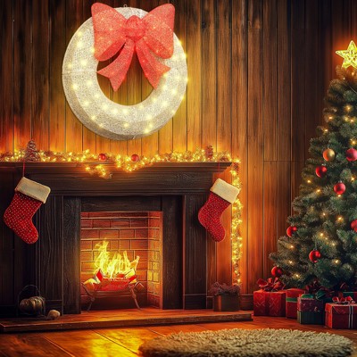 Hooseng Pre-Lit Christmas Lighted Wreath Display Decor, 35" Xmas Wreath with Bow and 90 LED Lights, Holiday Festival Vacation Decoration