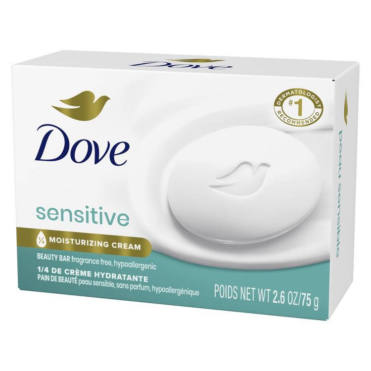 Dove Sensitive Beauty Bar, 2.6 oz. Fragrance-free, hypoallergenic with moisturizing cream. White bar with embossed Dove logo on a clean, teal-accented box. 
