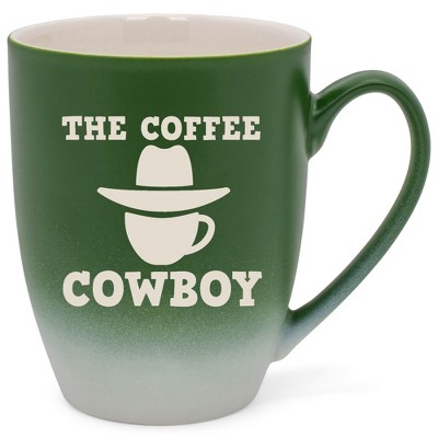 100 North Western Hat 10 Ounce Green and White Two Toned Ombre, Comfortably Fits Your Hands, Ceramic Tea Coffee Cup Mug, The Coffee Cowboy