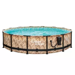 Summer Waves Light Oak Elite 14 Foot by 36 Inch Outdoor Backyard Round Frame Above Ground Swimming Pool Set with Ladder and Filtration Pump