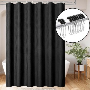 Home Mart Goods Black Fabric Textured Glam luxury Shower Curtain With 12 Metal Roller Ball Hooks - 72" x 72" - 1 of 3