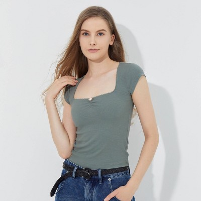 Women's Cap Sleeve Square Neck Rosette Top - Wild Fable™ Sage Green