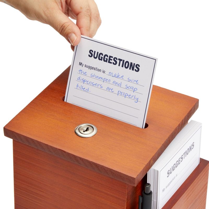 Juvale Wooden Suggestion Box with Lock and Keys, Brown Ballot Box with 50 Blank Suggestion Cards, Locking Lid and Side Slot for Donation, 7.5x7.1x5.5", 5 of 9