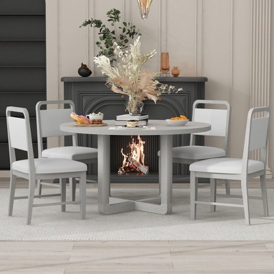 Nicbex Round Dining Table Set for 4 Retro Dining Set with Radial Wood Grain Design and 4 Chairs for Kitchen