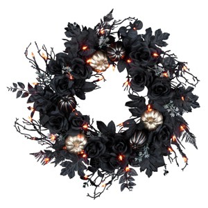 24" Prelit LED Chic Eek Black Halloween Wreath Orange Lights - National Tree Company - 1 of 4