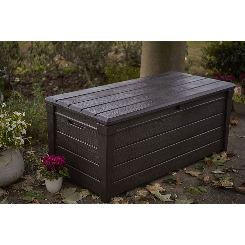Keter Large 120 Gallon Waterproof All-Weather Resistant Wood Panel Outdoor Deck Garden Storage Box Bench - Brown, 5 of 9
