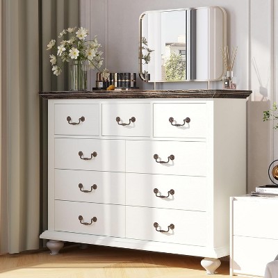 Dresser for Bedroom, Farmhouse Dresser with 9 Drawer, Chest of Drawer with Wooden Legs for Bedroom, Living Room, Hallway