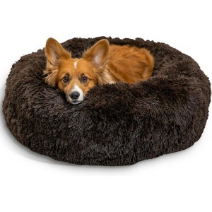 Original Calming Donut Dog and Cat Bed, Shag Faux Fur, Taupe, (30in x 30in) - Anxiety Relief for Pets Up to 45 lbs - 1 of 4