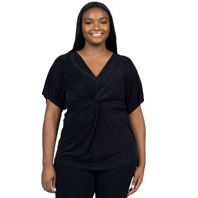 24seven Comfort Apparel Womens Plus Size V Neck Knot Front Sleeve Top, 1 of 7