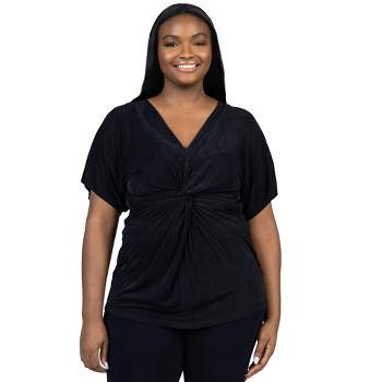 24seven Comfort Apparel Womens Plus Size V Neck Knot Front Sleeve Top