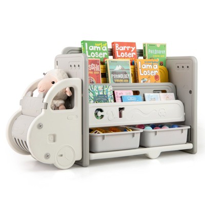 Tangkula Kids Bookshelf Car-shaped Toy and Book Storage Organizer with 3-Tier Bookshelf