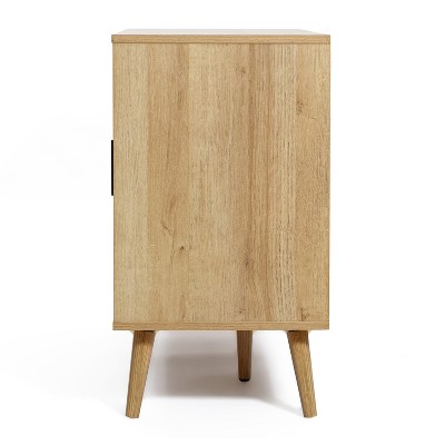 Light Oak 3-Door Rattan and Wood Sideboard Cabinet