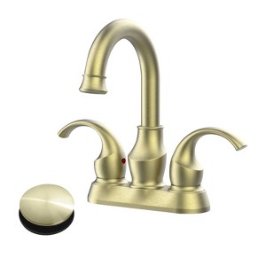 Cobbe Brushed Gold Bathroom Faucet 2-Handle with 360 Degree Rotating Spout, 4-inch Centerset Vanity Sink with Pop-Up Drain and Supply Hoses - 1 of 4