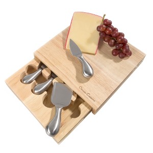 Hastings Home Rubberwood Cheese Board Set With Stainless Steel Tools and Wood Cutting Block – 5 Pcs - 1 of 4