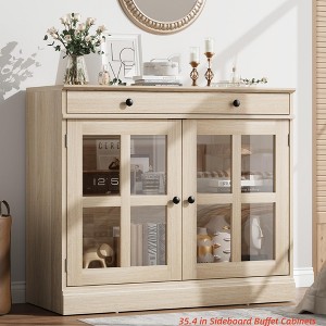 35.4 in Sideboard Buffet Cabinets w/ Glass Door, Buffet Cabinet w/ Storage, White&Brown Sideboard Cabinet w/ Drawer, Modern Buffets & Sideboards - 1 of 4