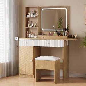 Acekool Vanity Desk with Mirror, Power Outlets, Drawers, Cabinet & Storage Stool, Expandable Makeup Table for Bedroom - 1 of 4