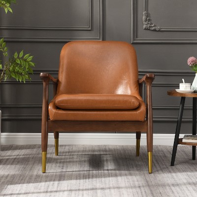 Mid-Century Faux Leather Accent Chair with Cushioned Seat, Solid Wood Frame, and Brass-Tipped Legs – Perfect for Living Room, Bedroom