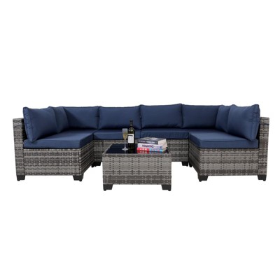 Maggift 7-Piece Patio Seating Set, All-Weather Wicker Rattan Sectional Sofa with One Side Tables for Poolside, Patio, Blue, 41.3" * 28.3" * 29.3"
