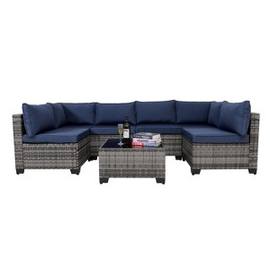 Maggift 7-Piece Patio Seating Set, All-Weather Wicker Rattan Sectional Sofa with One Side Tables for Poolside, Patio, Blue, 41.3" * 28.3" * 29.3" - 1 of 4