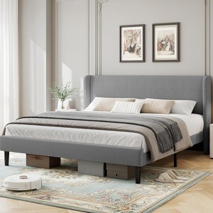 Bed Frame with Upholstered Headboard, Wooden Platform Design with 2 Storage Pockets, Vertical Channel Tufted Wingback, Strong Wooden Slats. - 1 of 4