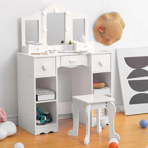 2-in-1 Girls Vanity Table with Tri-Fold Mirror & Light - Wooden Princess Makeup Desk with Stool & Drawer for Pretend Play - 1 of 4