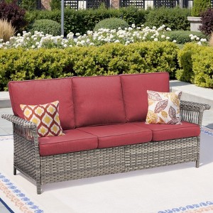 Buenhomino Patio Sofa, All Weather Outdoor Rattan Wicker 3-Seat Sofa High Back Couch with Premium Cushions for Garden Backyard Porch - 1 of 4