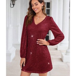 Women's V-Neck Party Dress - Long Sleeve Sequin Midi Cocktail Dress for Special Occasions (S-2XL) - 1 of 3