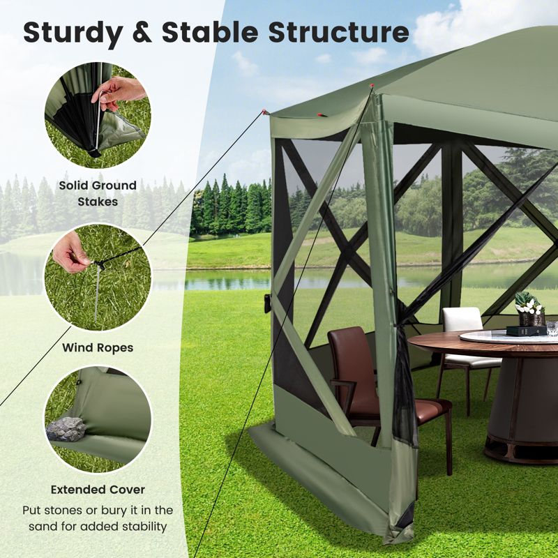 Costway 11.5 X 11.5 FT 6-Sided Pop-up Screen House Tent With 2 Wind Panels for Camping Coffee/Green, 5 of 11