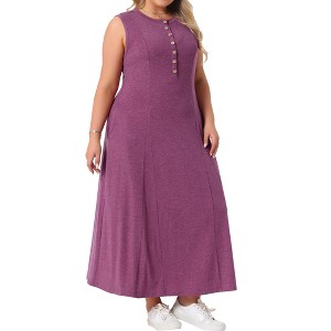 Agnes Orinda Women's Plus Size Summer Crew Neck Sleeveless Buttons with Pockets Maxi Casual A Line Tank Dresses - 1 of 4