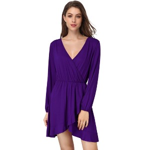 YESFASHION  Women's Casual T Shirt Dress 2025 Summer Long Sleeve Swing Dresses Puff Sleeve V-Neck Ruffles Pleated Party Dress - 1 of 4