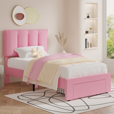 VECELO Upholstered Bed Frame with 4 Storage Drawers and Adjustable Velvet Headboard