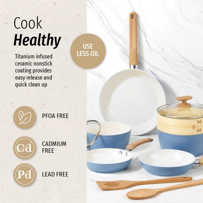 Light Blue 10-Piece Ceramic Nonstick Cookware Set with Wood Handles