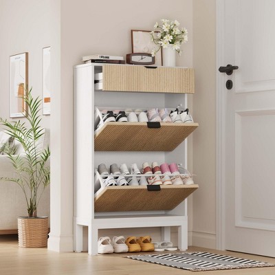 Shoe Storage Cabinet with 2 Flip Drawers & Large Drawer, Farmhouse Fluted Shoe Organizer with Metal Legs