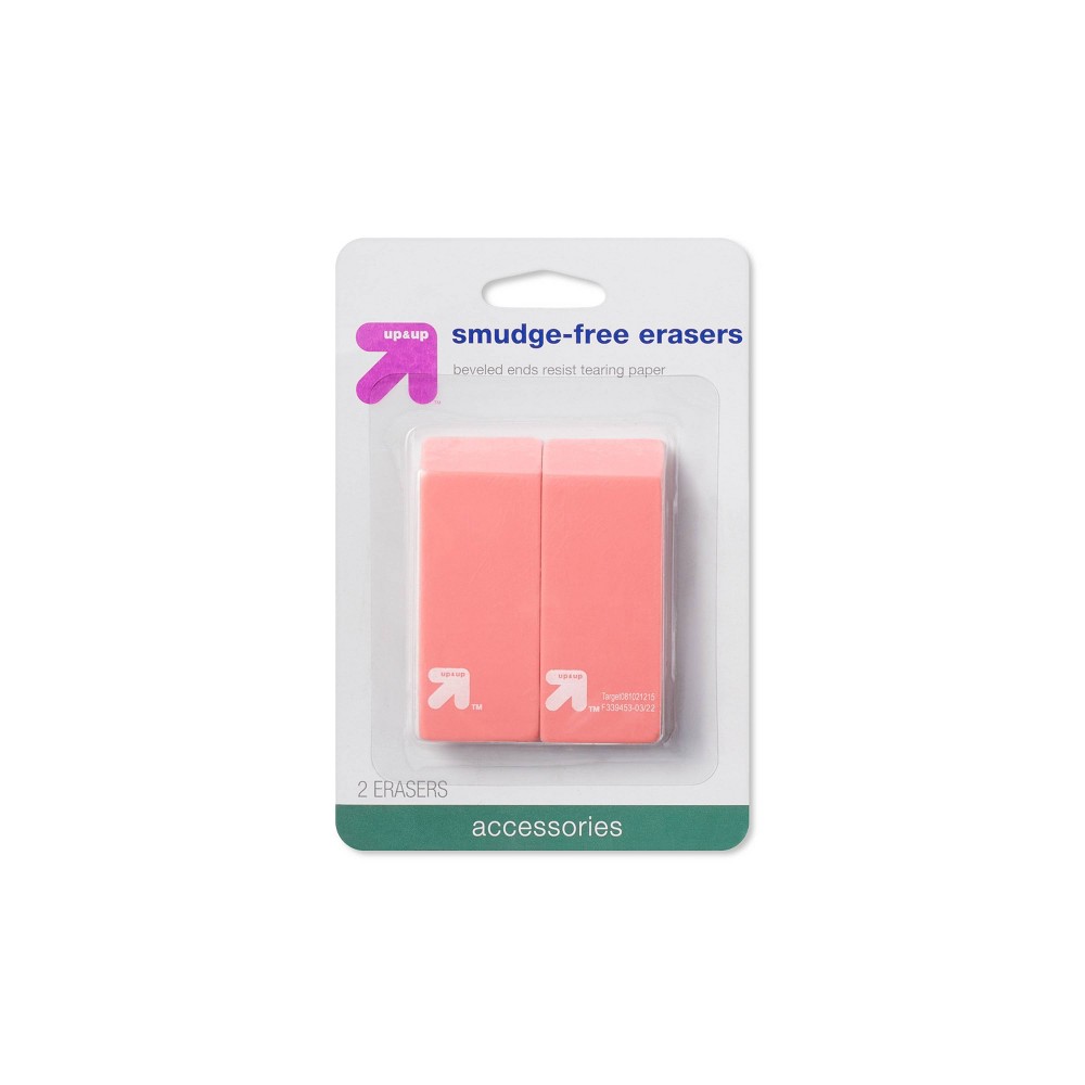 Smudge Free Erasers 2ct - up&up™: Multicolor Hard Rubber, Block Erasers for Pencils, Right- or Left-Handed Design