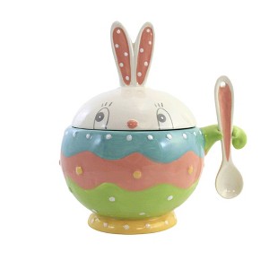 Tabletop 8.0" Dottie Bunny Bowl W/Spoon Easter Rabbit Spring Transpac  -  Serving Bowls - 1 of 3