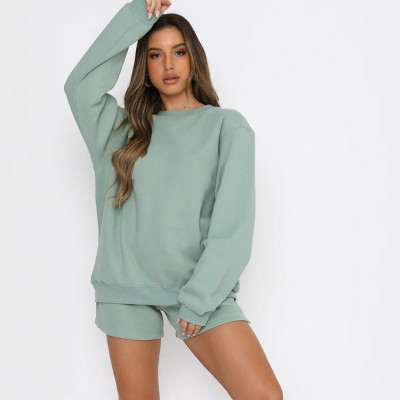 Mocamel Solid loose versatile casual round-neck sweatshirt and shorts set