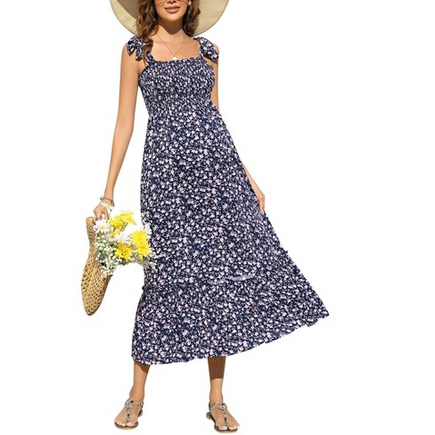 NICHOLAS Womens Smocked Floral Spaghetti Strap Square Neck Maxi Fit + Flare Dress