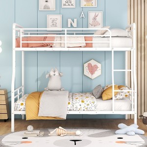 Okak Full XL Over Queen Metal Bunk Bed with Safety Guardrail Loft Bunk Bed with Ladder for Kids Teens, Easy Assemble, White - 1 of 4