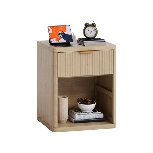 Fluted Nightstand w/ Charging Station, Mid Century Modern Bedside Table with Drawers & Open Shelf - 1 of 4