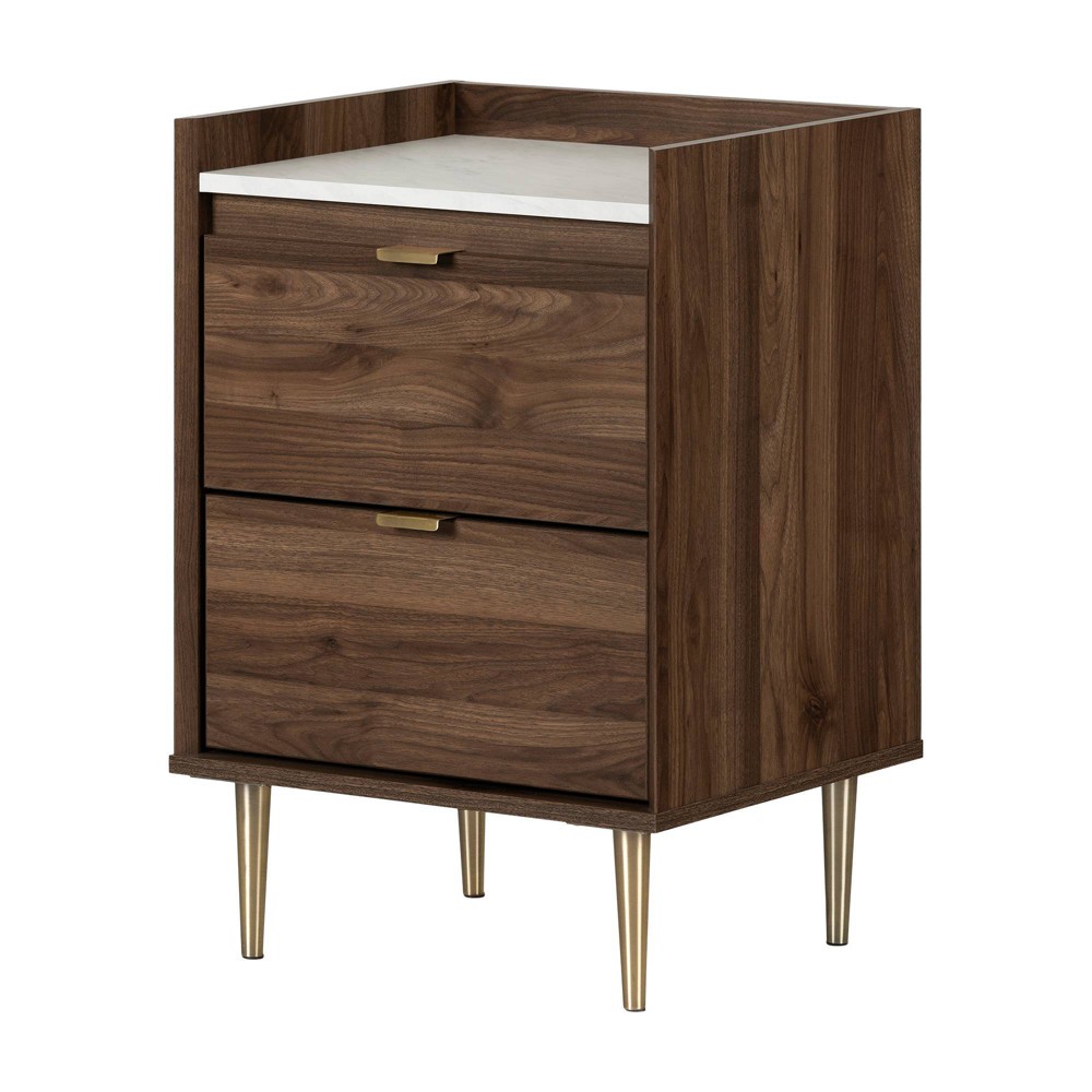 Hype 2 Drawer Nightstand Natural Walnut - South Shore: Metal Slides, Brass Legs, Laminated Surface