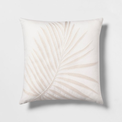 Embroidered Palm With Linen Reverse Square Throw Pillow White