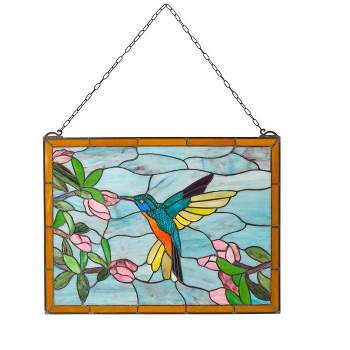 Wind & Weather Stained Glass Hummingbird Art Panel with Metal Frame and Chain