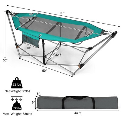 Turquoise Folding Hammock with Iron Stand and Side Pocket