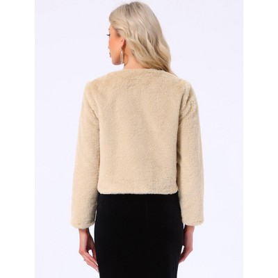 INSPIRE CHIC Women's Winter Open Front Short Faux Fur Jacket Large Light Khaki — фото 3