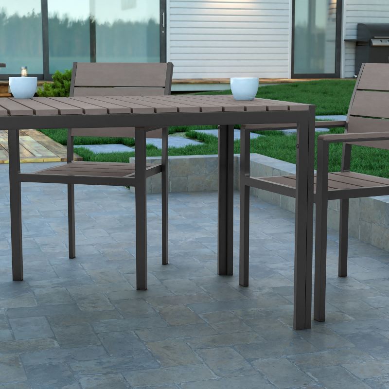 Emma and Oliver 55" x 31" Outdoor Dining Table with Faux Teak Poly Slat Top and Metal Frame, 5 of 12