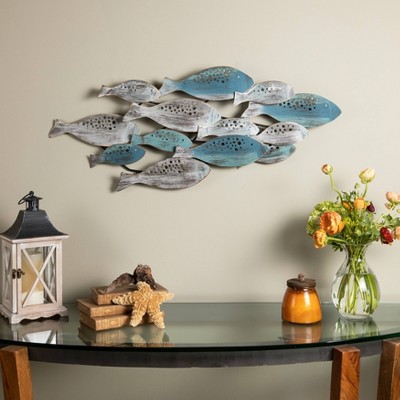 Blue and Silver Metal School of Fish Wall Sculpture